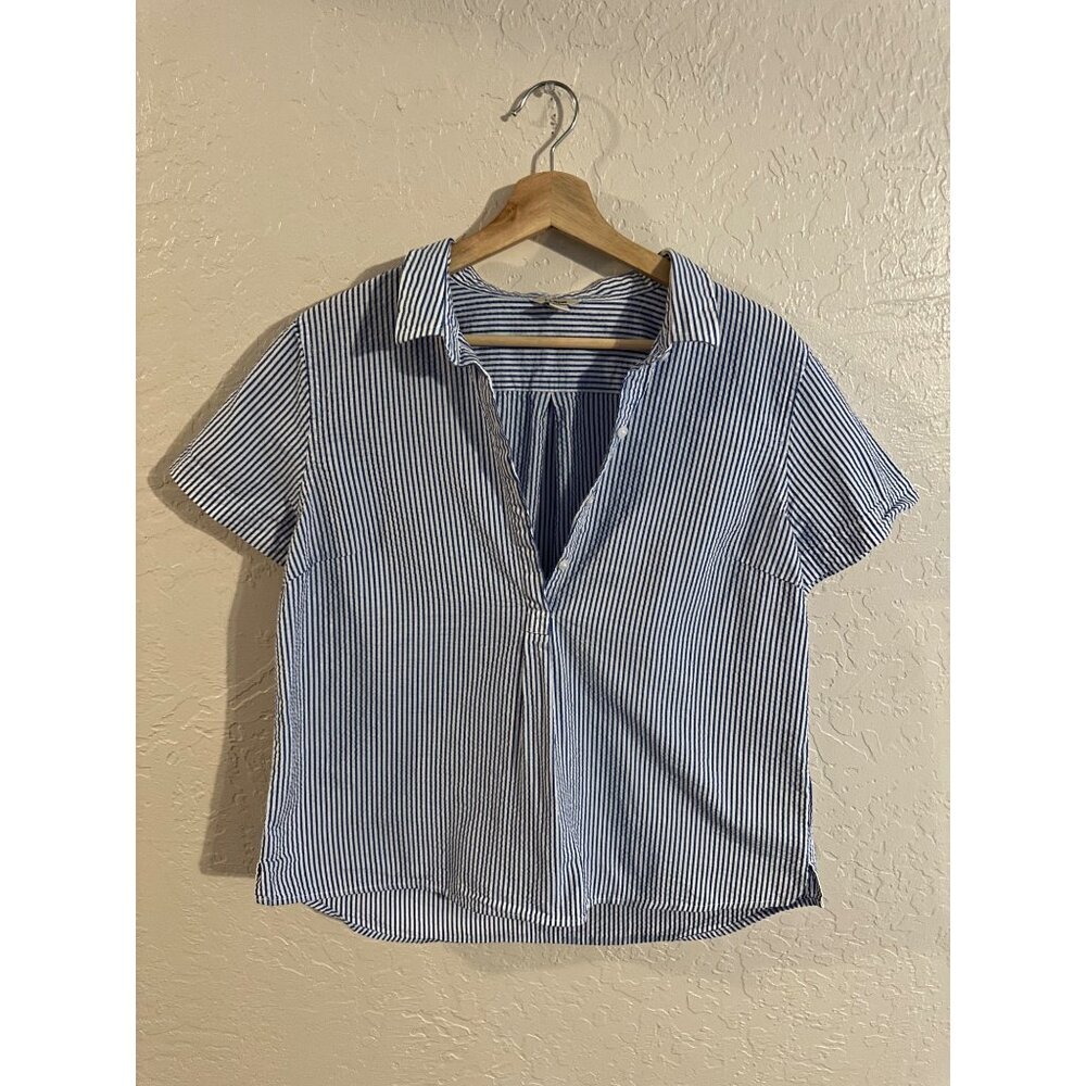 Y L.L. Bean Blue & White Nautical Striped Vacationland Seersucker Shirt